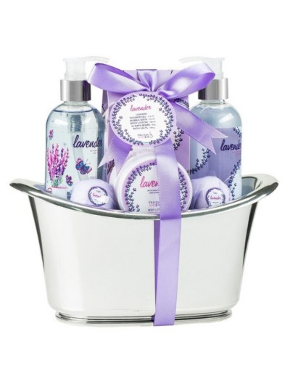 Freida & Joe Lavender Fragrance Bath 8 Body Collection in Silver Tub Basket NWT